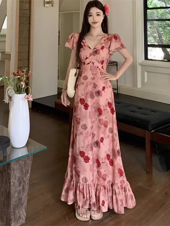2025新款夏季玫瑰印花显白收腰碎花连衣裙女V领显瘦气质长裙