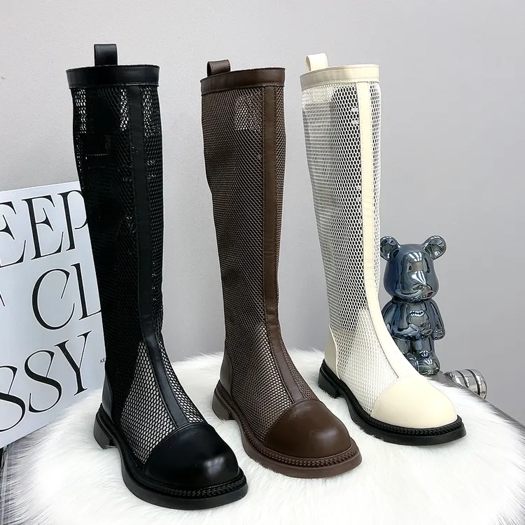 夏季长靴女薄款2025新款网面透气凉靴平底高个子不过膝长筒靴