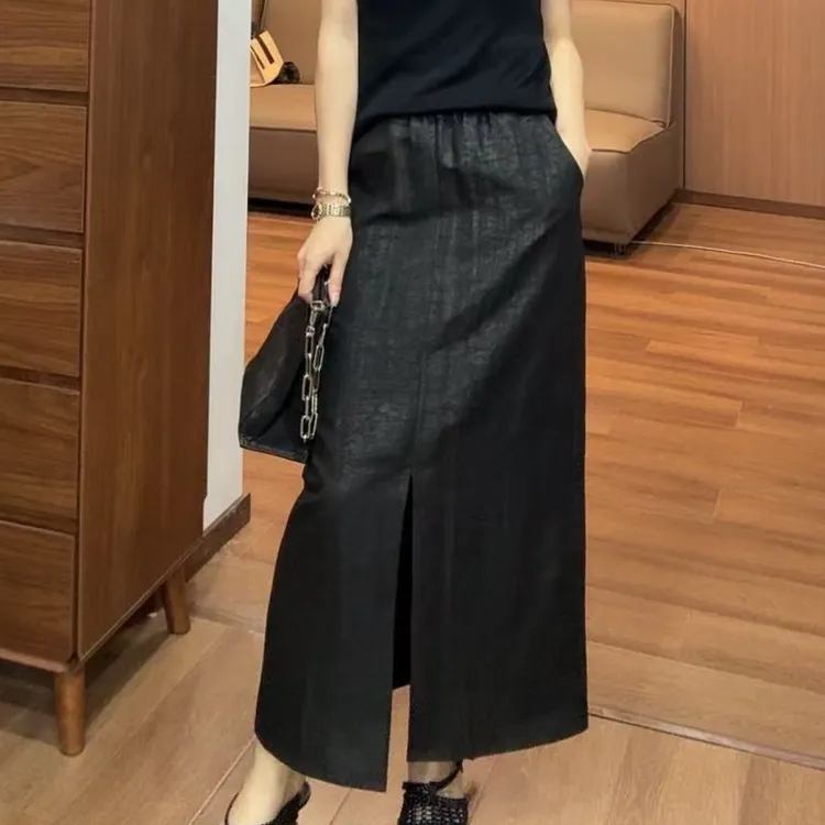  TANTAN  100真丝香云纱松紧腰半裙869