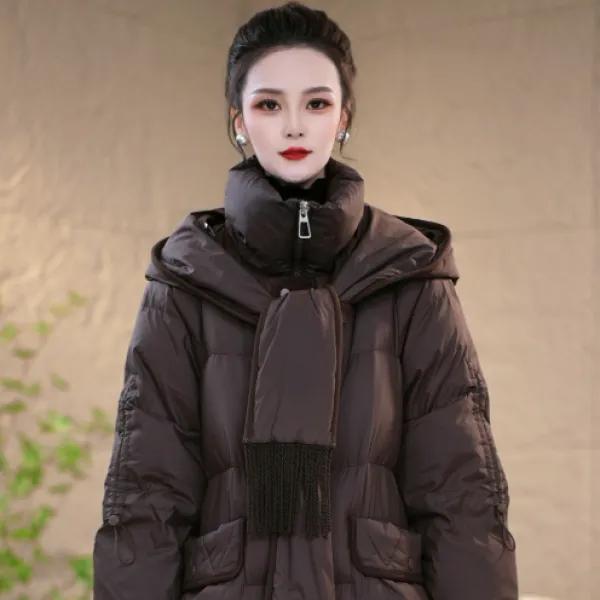 冬季新款优雅时尚百搭气质显瘦减龄带围巾鸭绒羽绒服外套M-XL