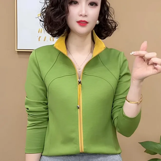 2025拉链纯色开衫长袖女春季卫衣常规袖POLO领显瘦休闲修身#22