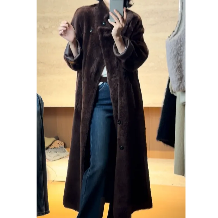 TANTAN长款冬季轻奢大牌设计进口羊皮毛外套4270