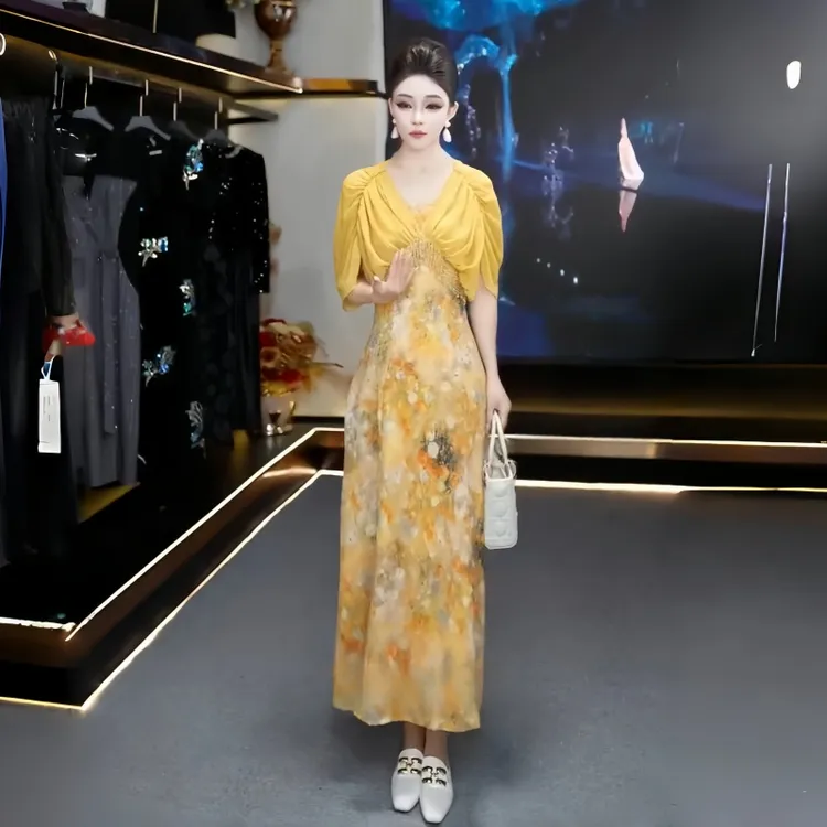 黄色v领连衣裙春夏中长裙长裙修身V领连衣裙春季收腰法式拼接优雅