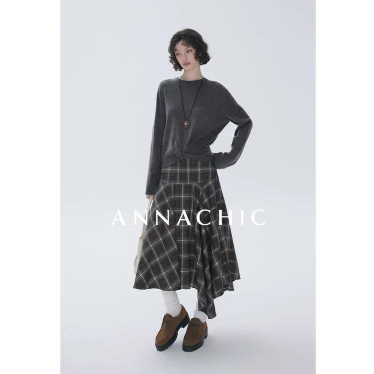 ANNACHIC复古时髦_格纹不规则半身裙_宽松遮肉a字中长款格子半裙