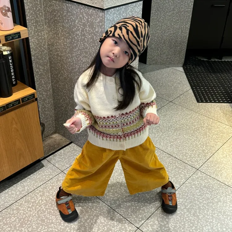 壹妈韩范童装女童休闲套装秋季新款洋气儿童费尔岛毛衣外套阔腿裤