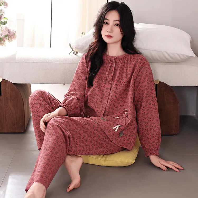 新款睡衣女士春秋冬季长袖长裤中年妈妈舒适棉碎花休闲家居服套装