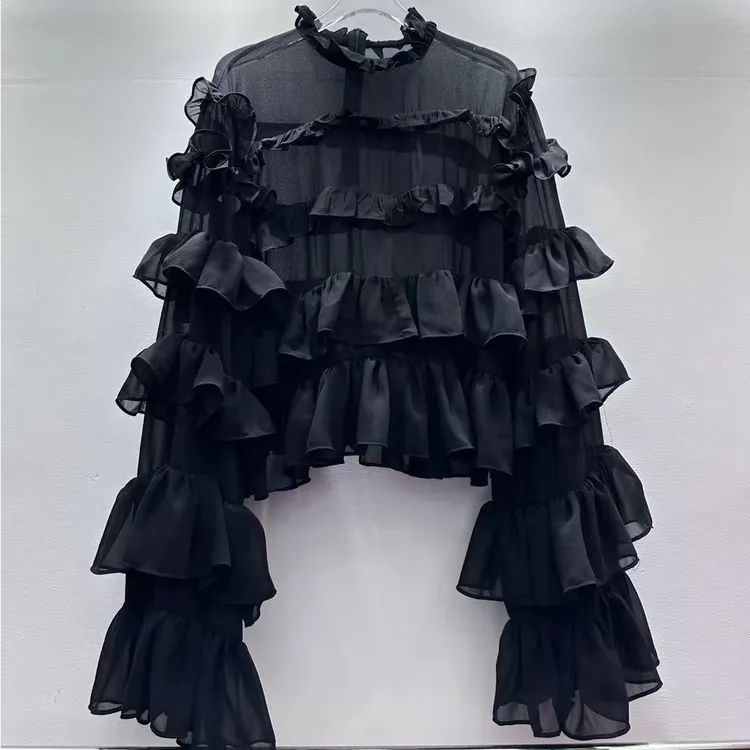 2025秋季新款法式气质荷叶边拼接立领衬衫女装设计感小众显瘦上衣