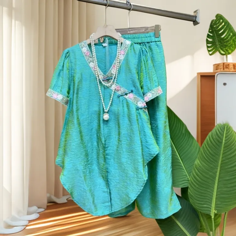 时尚气质套装2025夏季新款遮肉显瘦减龄洋气上衣直筒裤两件套女