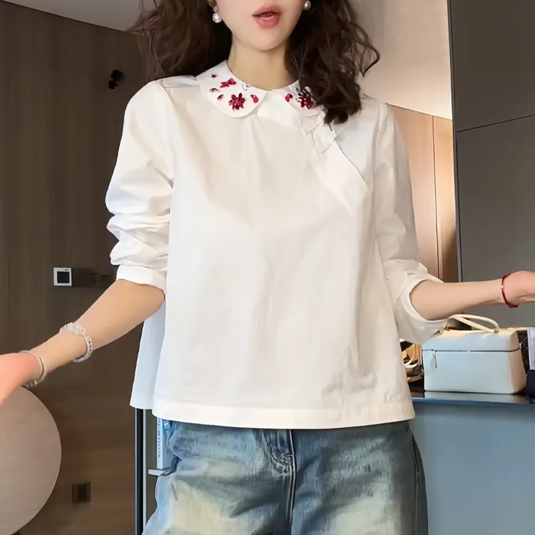 国风新中式女装盘扣上衣2026春秋新款高级感轻奢斜襟白色内搭衬衫