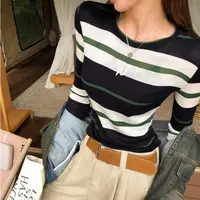 LI婉君【条纹日记】早秋韩系修身显瘦撞色条纹针织上衣LWJ25C3T2310