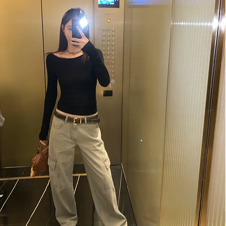 一字领修身黑色打底衫女2025新款内搭春季设计感长袖T恤斜肩上衣