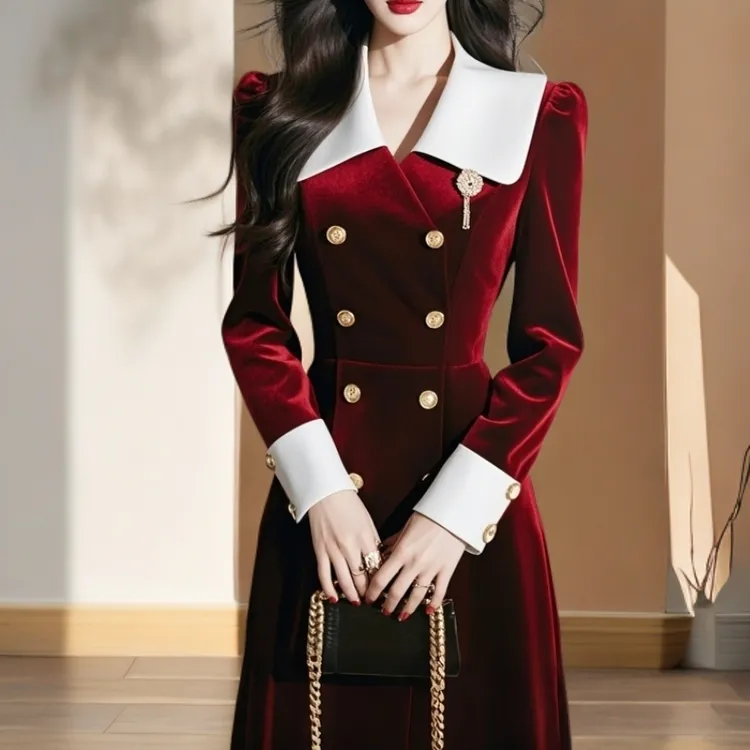 翻领红色气质婚礼服收腰小香风长裙连衣裙时尚复古修身秋冬赫本风