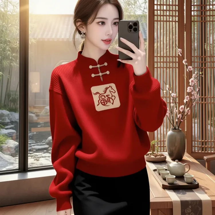 新年红色立领新中式高级感超好看针织毛衣女秋冬新款宽松百搭上衣