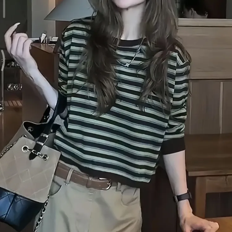 2025新款复古绿色条纹长袖T恤休闲风百搭韩版ins撞色圆领正肩上衣