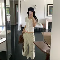 【三三】y2k感韩系浅卡其工装八分裤轻微喇利落显瘦（腰部可调节）