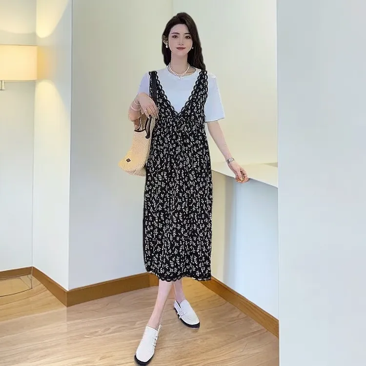 韩版气质蕾丝套装背心裙加宽加大女装两件套黑色碎花减龄宽松显瘦
