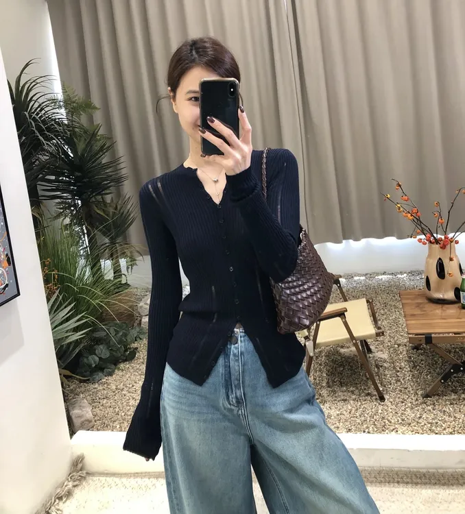 简约高级～设计感单排扣长袖针织衫2025秋季新款修身显瘦上衣H8-55