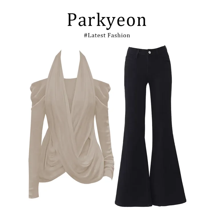 MARIE.COCO法式杏色假两件挂脖长袖一字肩上衣高腰阔腿喇叭裤套装