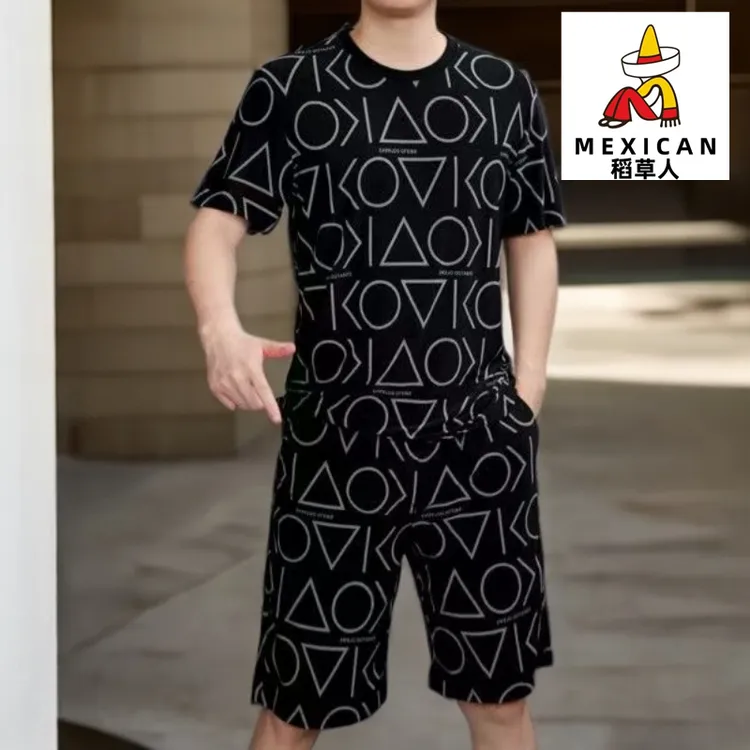 稻草人短袖短裤圆领夏装休闲运动套装透气印花男夏季薄款时尚男装