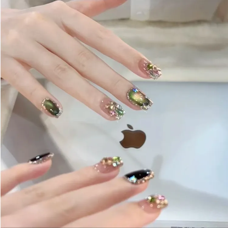 JDD【粉绿·宫墙柳】带钻爆闪新款猫眼纯手工美甲穿戴甲片中长款显白