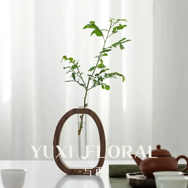 YUXI/与西花器胡桃木中式实木插花花瓶桌面玻璃轻奢迷你水培花器