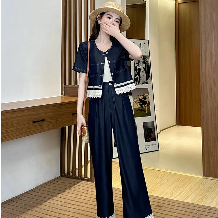 【珊宝专属】夏装新款时尚蕾丝花边拼接短袖牛仔减龄开衫直筒阔腿长