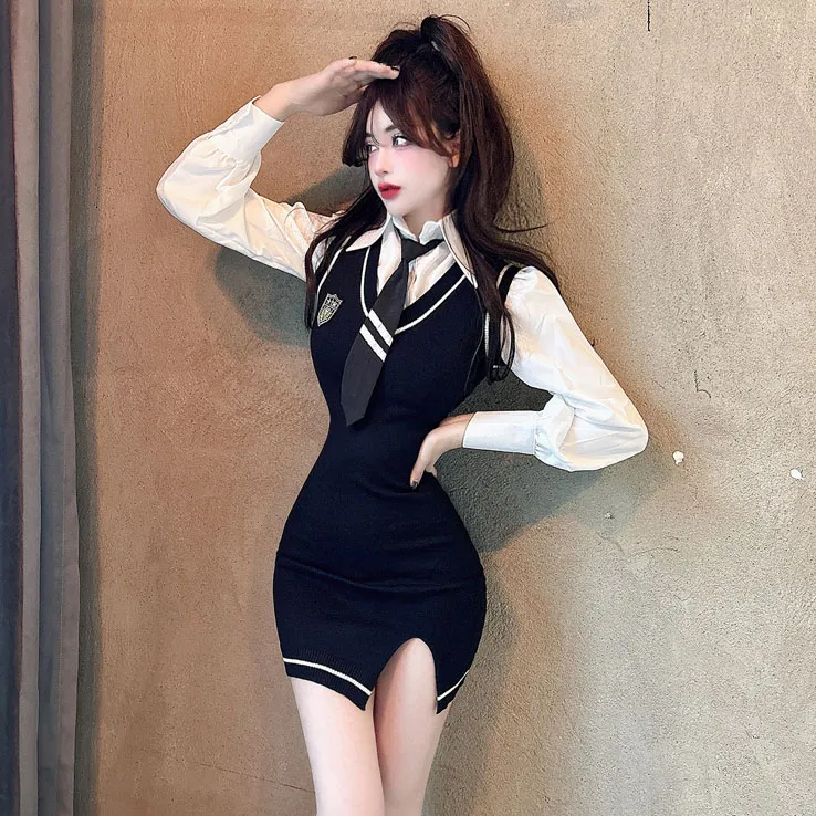 美式辣妹叠穿学院风套装女小个子穿搭显高收腰马甲开叉针织连衣裙