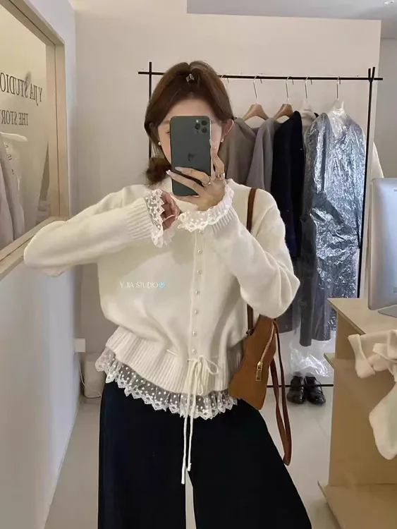 【大码】蕾丝假两件毛衣外套女秋季加厚收腰针织开衫7311