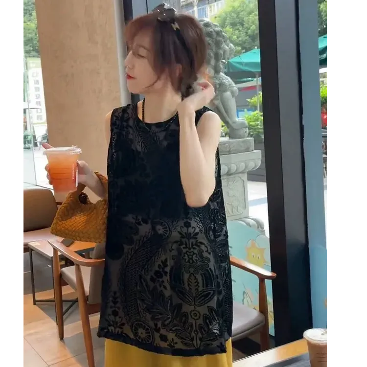 2025年夏季新款法式小香风植绒网纱高级设计感小众无袖背心马甲