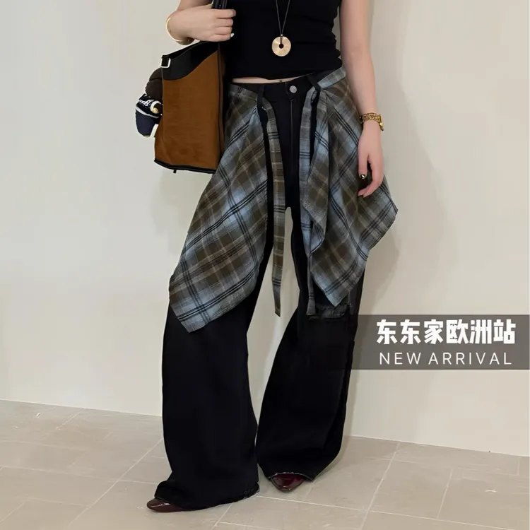 格子屁帘女搭配牛仔裤叠穿神器一片式系带神器半身裙下摆高腰显瘦