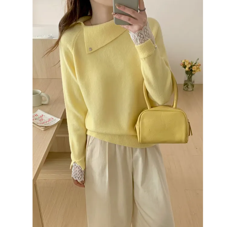 高级感软糯蕾丝针织毛衣女2025新款百搭上衣韩版宽松设计感打底衫