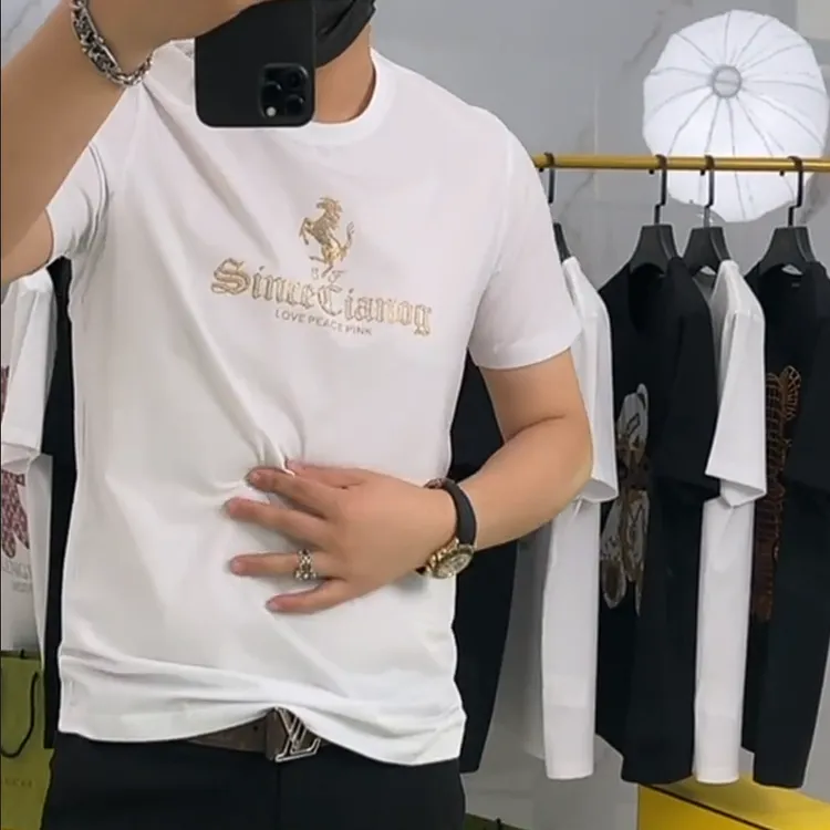 【卡来利高奢】欧洲站骏马烫钻圆领T恤衫男士莱卡短袖夏季正肩半袖