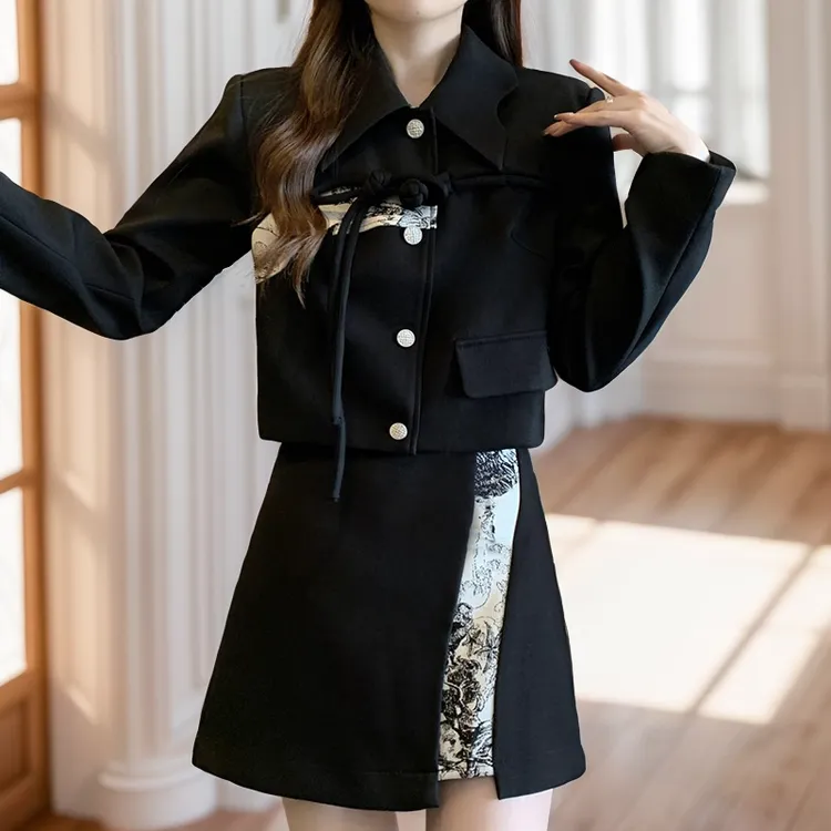 两件套套装小个子显瘦搭配气质春季短款中式外套a字半身裙6459