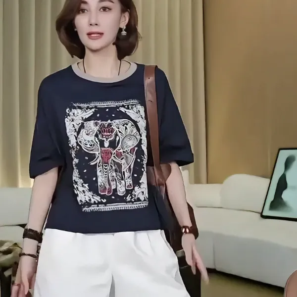 高级感圆领正肩短袖t恤女2025夏季新款简约休闲大码宽松减龄上衣