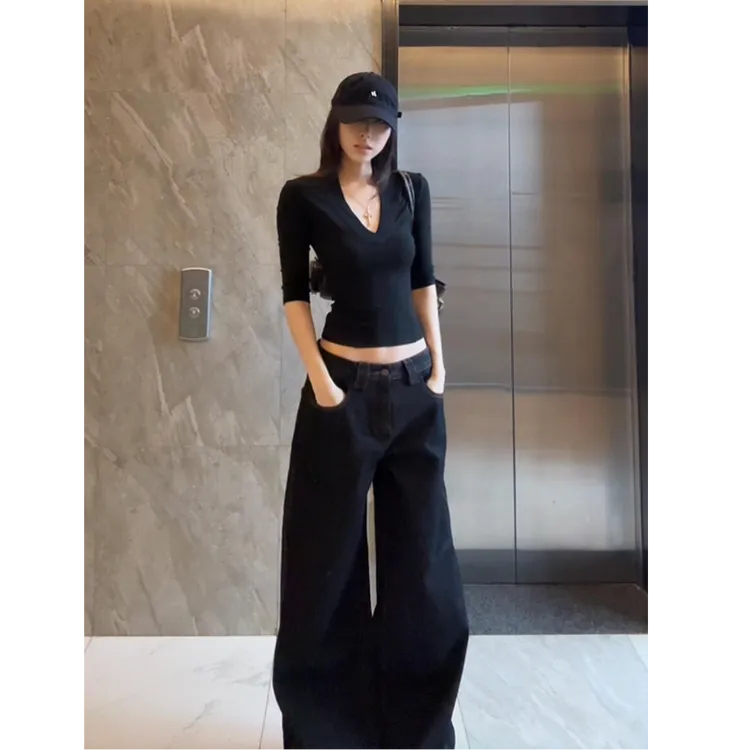 韩系v领t恤上衣阔腿裤套装女夏季新款高级感气质时尚简约辣妹穿搭