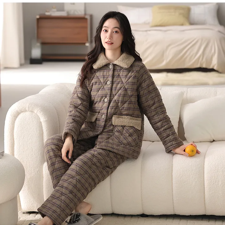 睡衣女冬季三层加厚加绒梭织纯棉夹棉袄秋冬珊瑚绒中年妈妈家居服