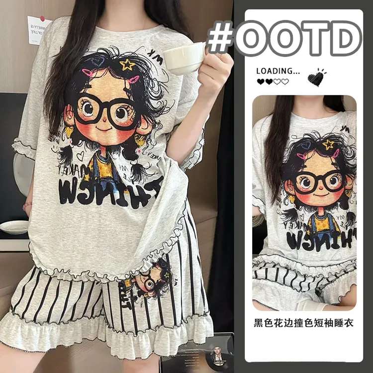 【黑花边】带胸垫卡通眼睛萌妹短袖家居服凉感两件套可外家居服夏