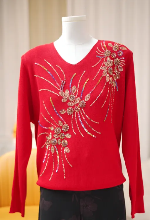 秋冬新款百搭显瘦减龄舒适透气女针织提花套头上衣长袖中老年红色