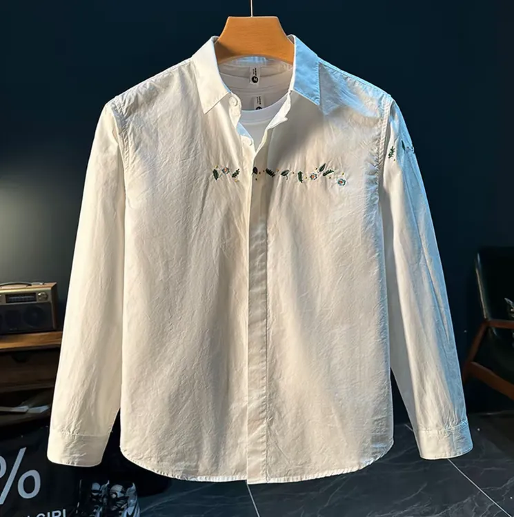 轻奢白色长袖春秋季韩版潮流衬衣外套青年港风日系刺绣男士衬衫