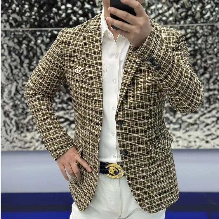 K7甄选新款免烫全棉高品质时尚潮流修身格子休闲长袖西装1097