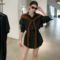 【ZACOCO】禅意早秋感性感高腰修身气质豹纹衬衫领两件套连衣裙3384