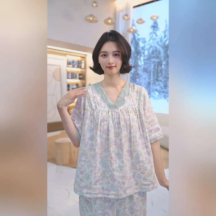 秋鹿夏季【新款爆款】家居服睡衣女款印花五分袖女大睡衣女款宽松