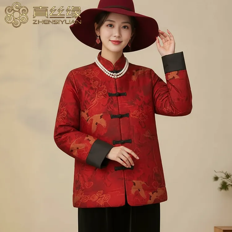 真丝缘当年冬红重缎香云纱棉衣女短款大码宽松喜妈妈装婚礼服外套