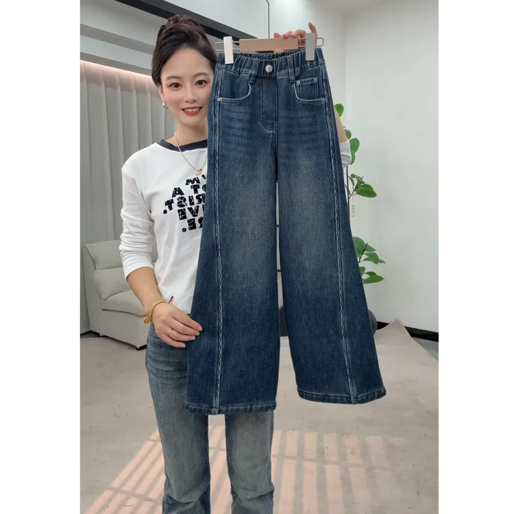 冬季新款女童加绒保暖牛仔裤儿童直筒裤女孩中大童zb6145简约童品
