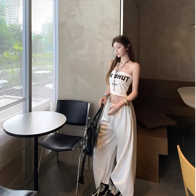 纯欲性感字母白色抹胸吊带背心女夏外穿修身短款裹胸辣妹无袖上衣