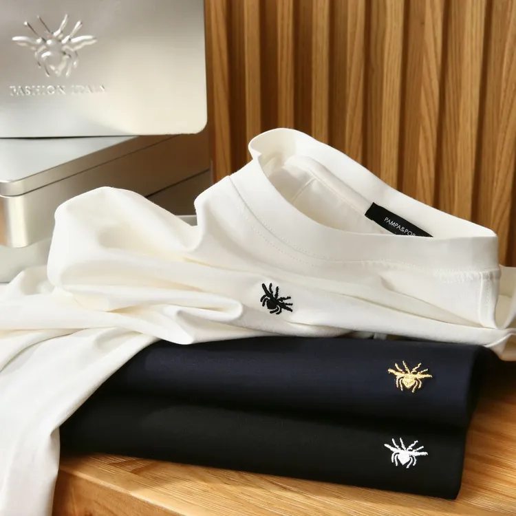 小蜜蜂刺绣!冰丝顺滑!羽毛蛋白轻奢夏季男女情侣短袖T恤打底衫