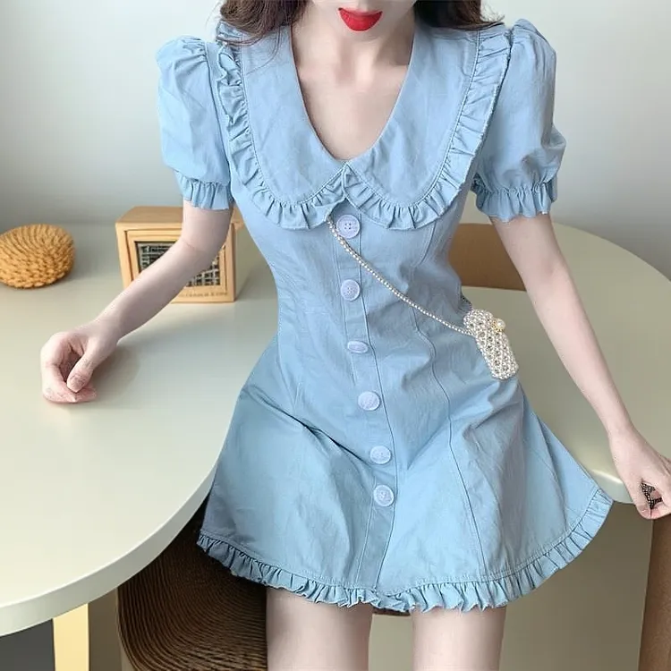 荷叶边拼接娃娃领修身连衣裙女夏新款泡泡袖收腰显瘦法式a字裙子