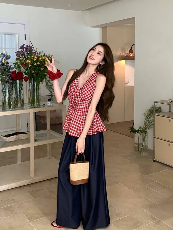 JIAHUI 纯欲风多巴胺穿搭女套装夏季红色无袖上衣牛仔裤子两件套