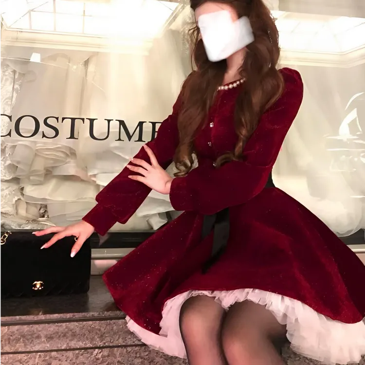 "新年战袍"法式千金红色裙子丝绒水钻收腰气质蓬蓬裙连衣裙秋冬