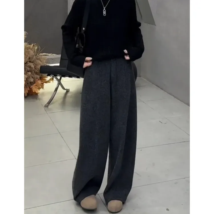 韩版阔腿裤慵懒风加绒长裤休闲裤女2025秋冬新款高腰显瘦弯刀裤子